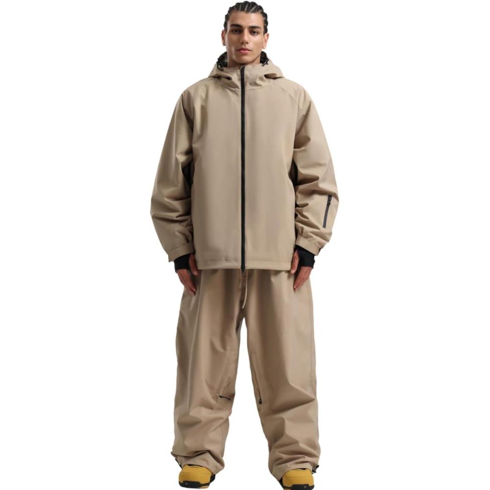 image:imageGSOU SNOW Women Ski Jacket and Pants Set Men Snowboard Jacket Baggy Snow Suit Waterproof Windproof Insulation Ski suitKhaki1