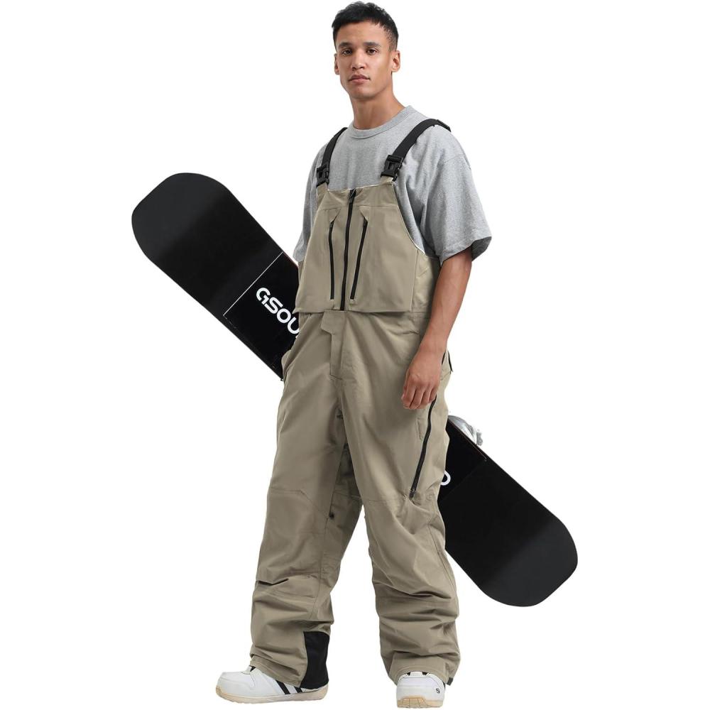 image:imageGSOU SNOW Mens Ski Bibs Women Snowboard Pants Bib Snow Insulated Overalls Waterproof Windproof Winter Warm SportLight Khaki