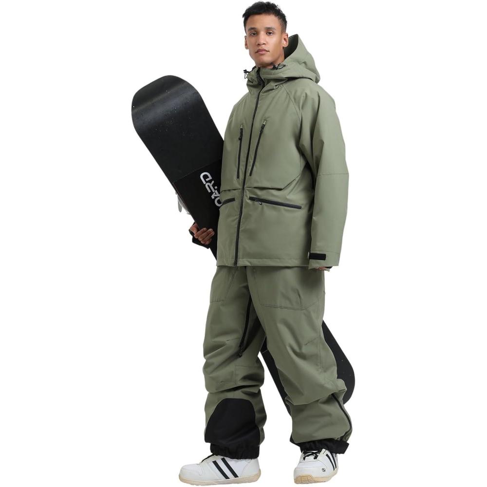 image:imageGSOU SNOW Mens Ski Jacket and Pants Set Baggy Snowboard Suit Ski Snowsuit Snow Bibs Waterproof HoodedArmy Green