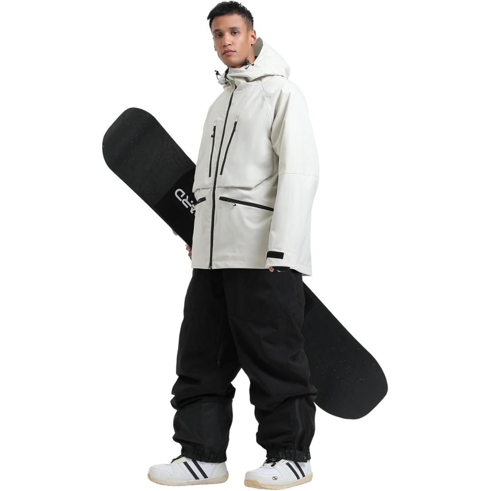 image:imageGSOU SNOW Mens Ski Jacket and Pants Set Baggy Snowboard Suit Ski Snowsuit Snow Bibs Waterproof HoodedBeige Black