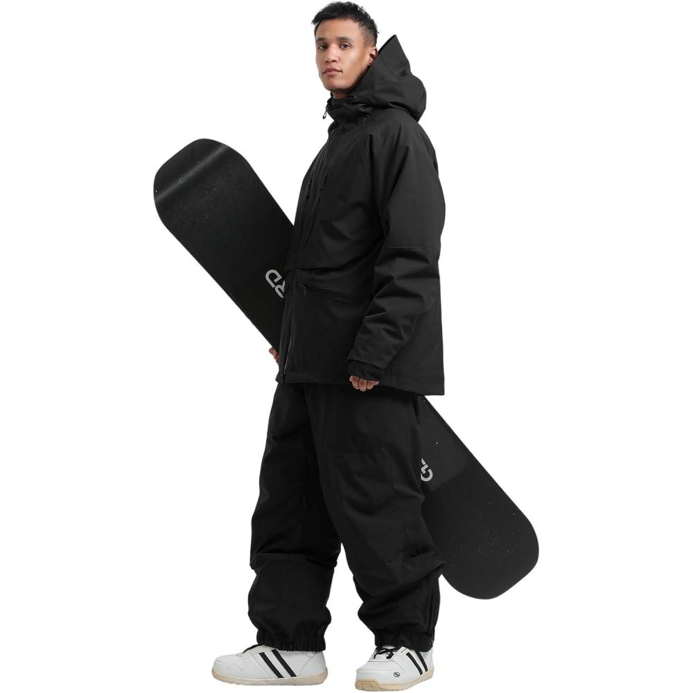 image:imageGSOU SNOW Mens Ski Jacket and Pants Set Baggy Snowboard Suit Ski Snowsuit Snow Bibs Waterproof HoodedBlack