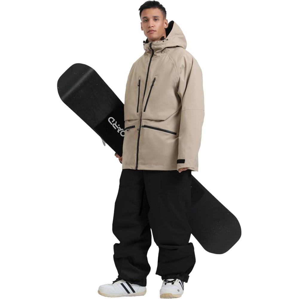 image:imageGSOU SNOW Mens Ski Jacket and Pants Set Baggy Snowboard Suit Ski Snowsuit Snow Bibs Waterproof HoodedBlack Caramel