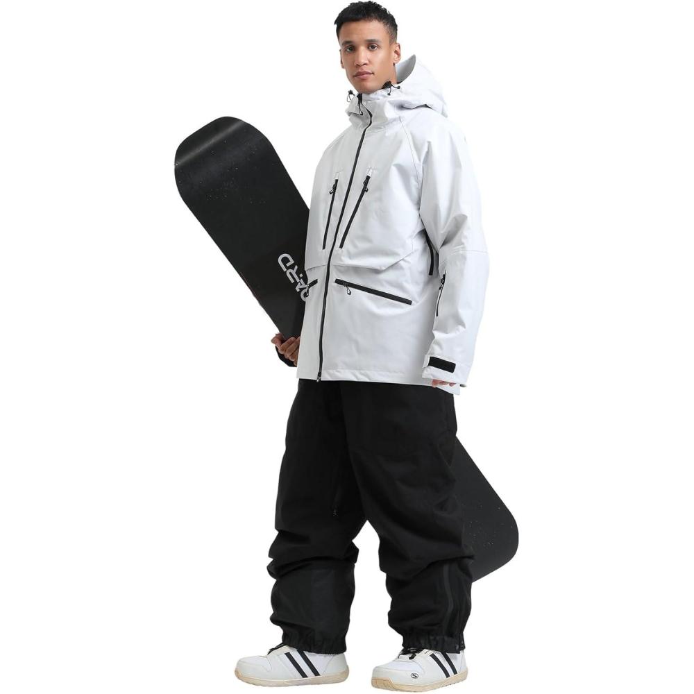 image:imageGSOU SNOW Mens Ski Jacket and Pants Set Baggy Snowboard Suit Ski Snowsuit Snow Bibs Waterproof HoodedGrey Black