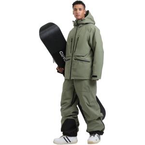 GSOU SNOW Mens Ski Jacket and Pants Set Baggy Snowboard Suit Ski Snowsuit Snow Bibs Waterproof Hooded(Army Green)