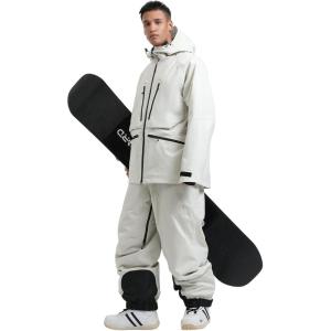 GSOU SNOW Mens Ski Jacket and Pants Set Baggy Snowboard Suit Ski Snowsuit Snow Bibs Waterproof Hooded(Beige)