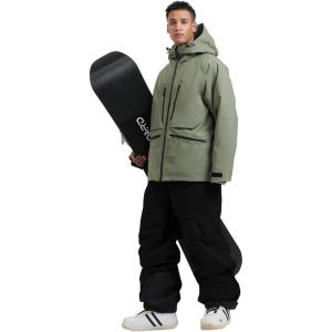 GSOU SNOW Mens Ski Jacket and Pants Set Baggy Snowboard Suit Ski Snowsuit Snow Bibs Waterproof Hooded(Black Army)