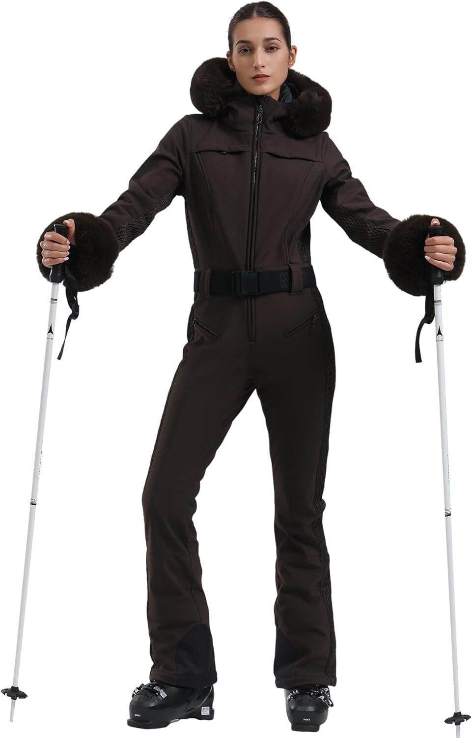 image:imageGSOU SNOW Womens Ski Suit One Piece Snowsuit Snowboard Jacket Slim Snow Jumpsuit Faux Fur Ski Outfit WaterproofBrown