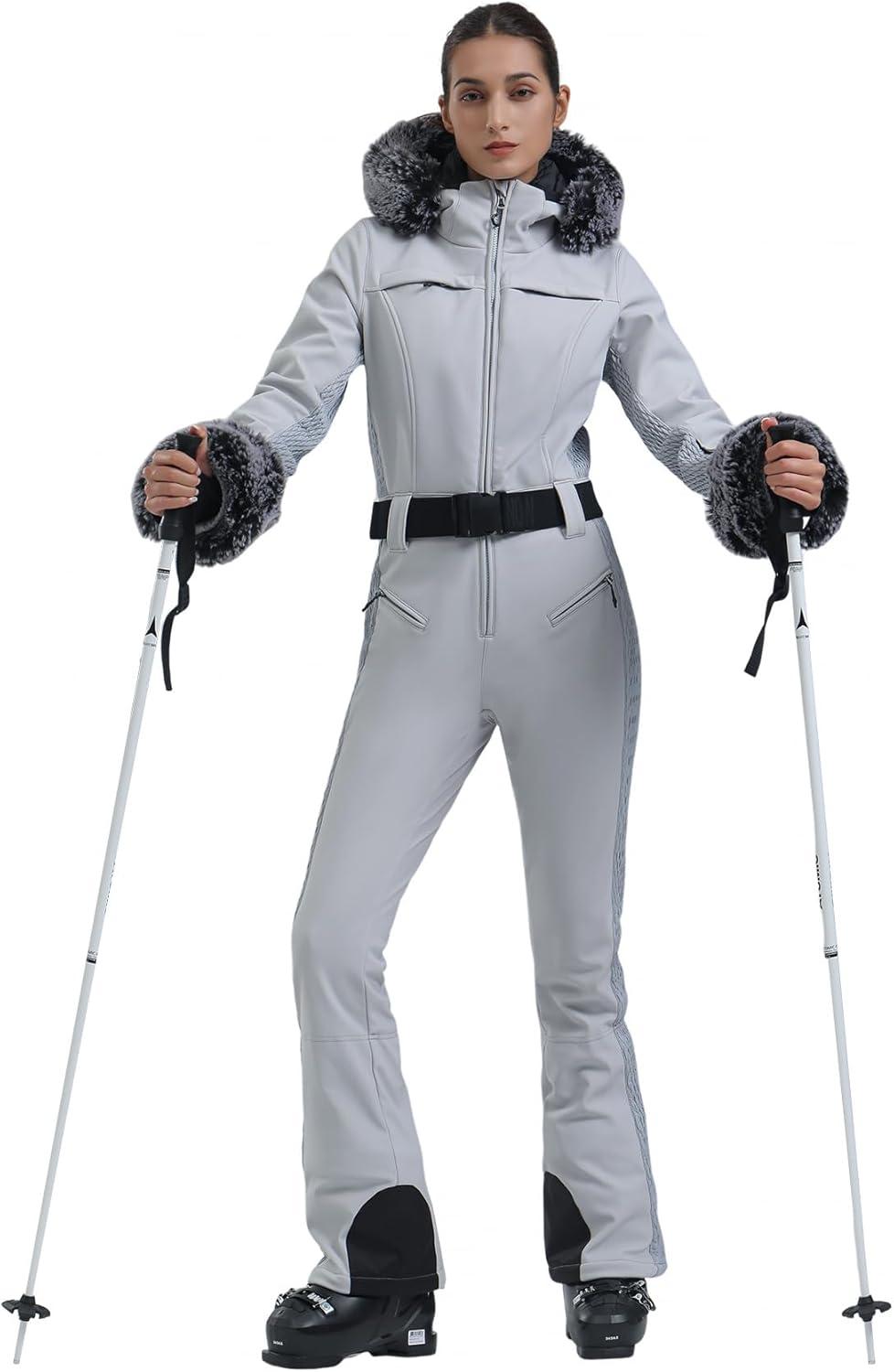 image:imageGSOU SNOW Womens Ski Suit One Piece Snowsuit Snowboard Jacket Slim Snow Jumpsuit Faux Fur Ski Outfit WaterproofGrey