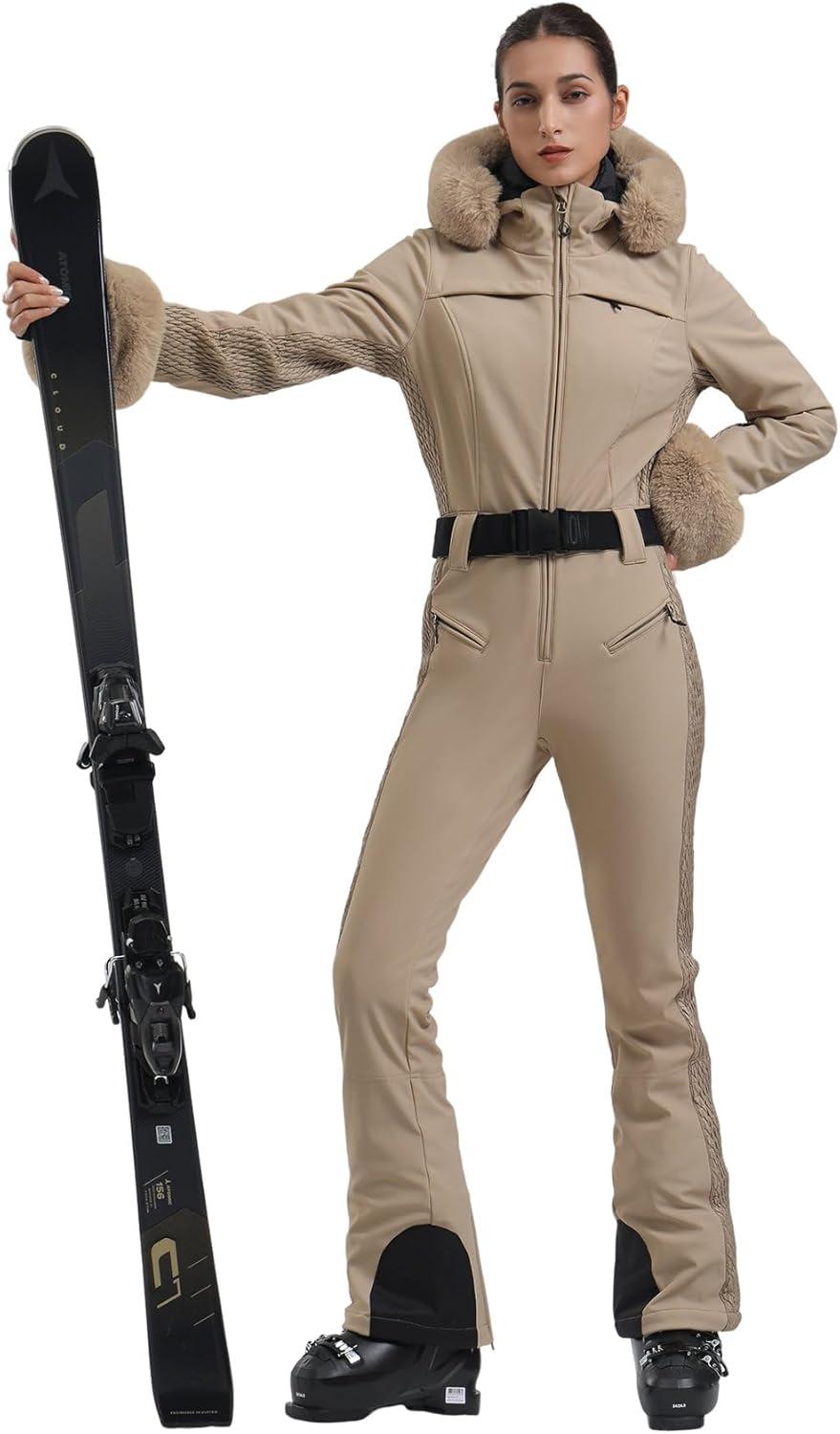 image:imageGSOU SNOW Womens Ski Suit One Piece Snowsuit Snowboard Jacket Slim Snow Jumpsuit Faux Fur Ski Outfit WaterproofKhaki