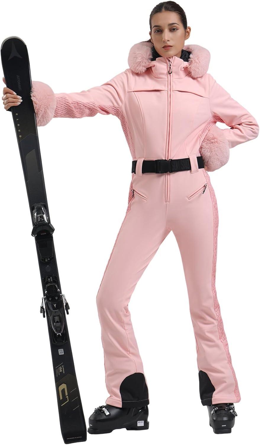 image:imageGSOU SNOW Womens Ski Suit One Piece Snowsuit Snowboard Jacket Slim Snow Jumpsuit Faux Fur Ski Outfit WaterproofPink