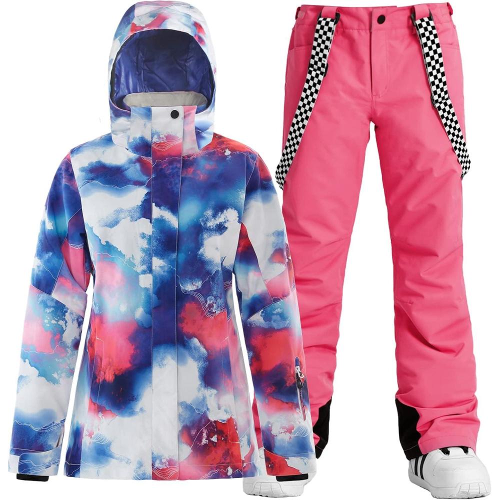image:imageGSOU SNOW Womens Ski Jackets and Pants Set Snowboarding Snowsuit Snow Coat Hooded Waterproof WindproofPink Multicolor