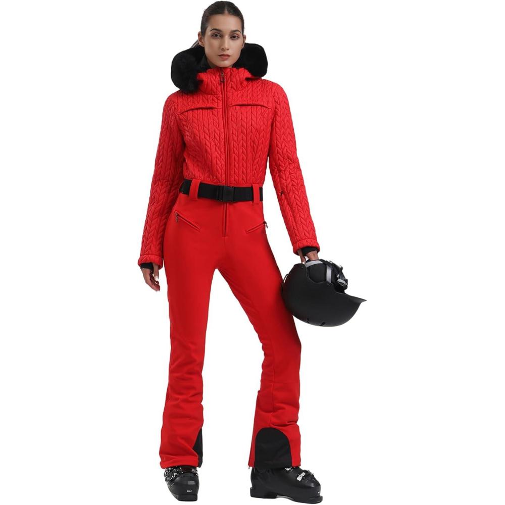 image:imageGSOU SNOW Womens Ski Suit One Piece Snowsuit Snowboard Jacket Slim Snow Jumpsuit Faux Fur Ski Outfit WaterproofAll Red