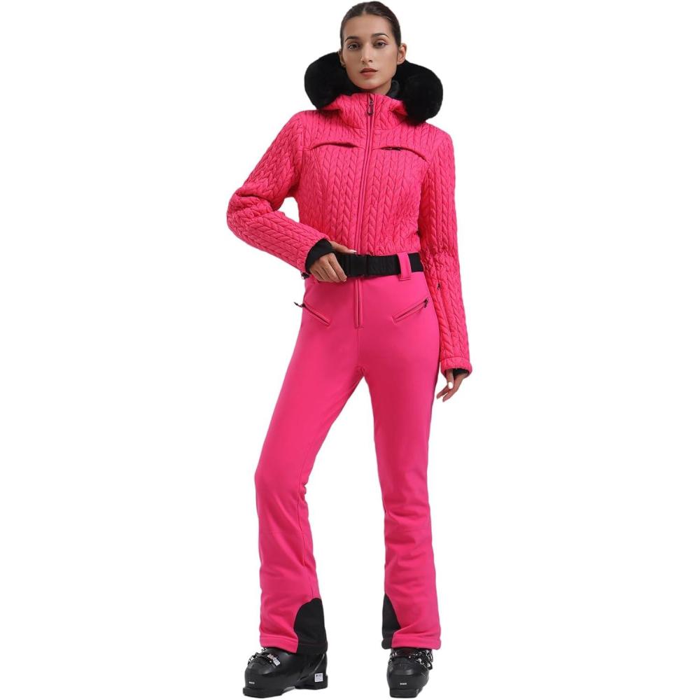 image:imageGSOU SNOW Womens Ski Suit One Piece Snowsuit Snowboard Jacket Slim Snow Jumpsuit Faux Fur Ski Outfit WaterproofAll Rose Red