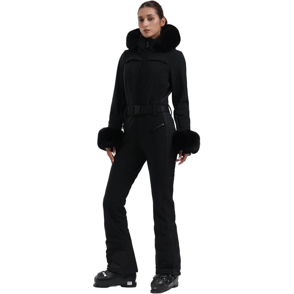 image:imageGSOU SNOW Womens Ski Suit One Piece Snowsuit Snowboard Jacket Slim Snow Jumpsuit Faux Fur Ski Outfit WaterproofBlack