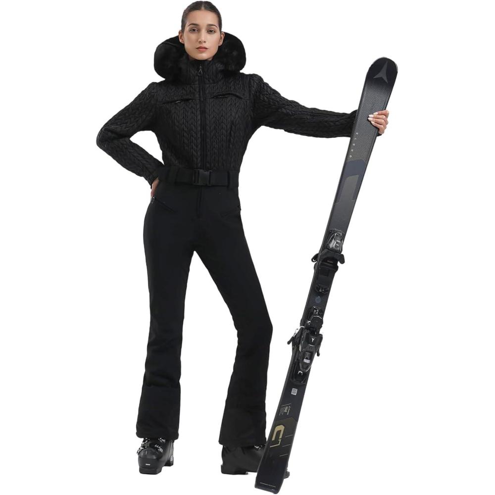 image:imageGSOU SNOW Womens Ski Suit One Piece Snowsuit Snowboard Jacket Slim Snow Jumpsuit Faux Fur Ski Outfit WaterproofBlack01