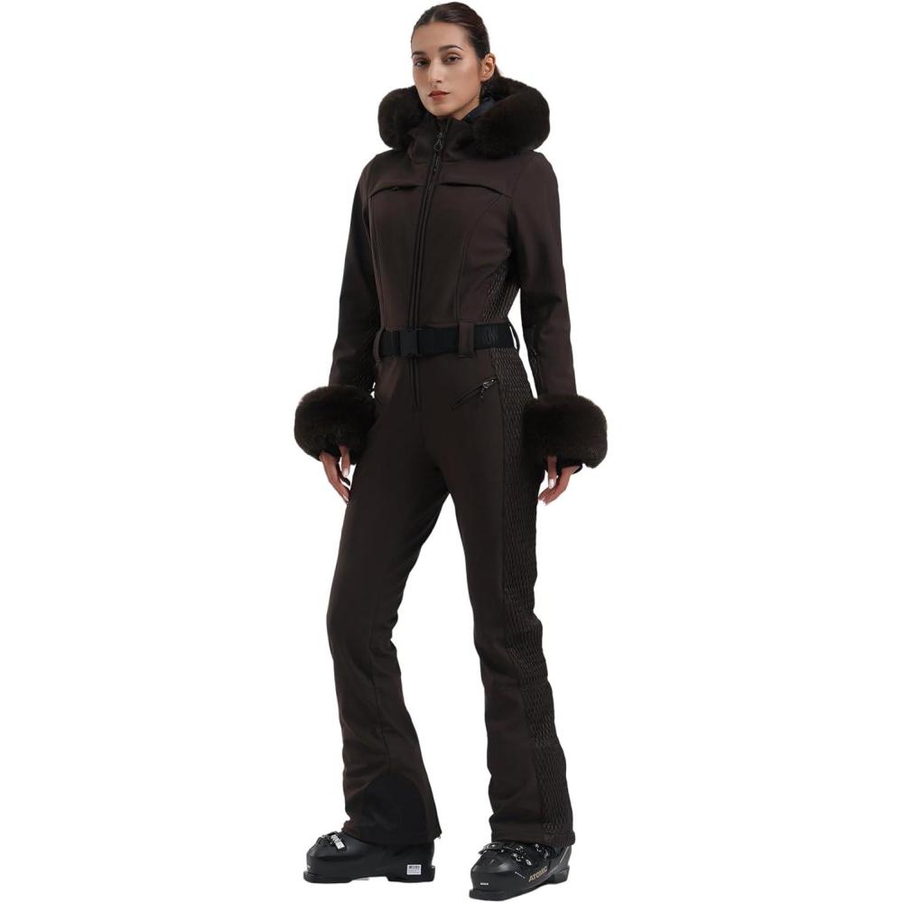 image:imageGSOU SNOW Womens Ski Suit One Piece Snowsuit Snowboard Jacket Slim Snow Jumpsuit Faux Fur Ski Outfit WaterproofBrown