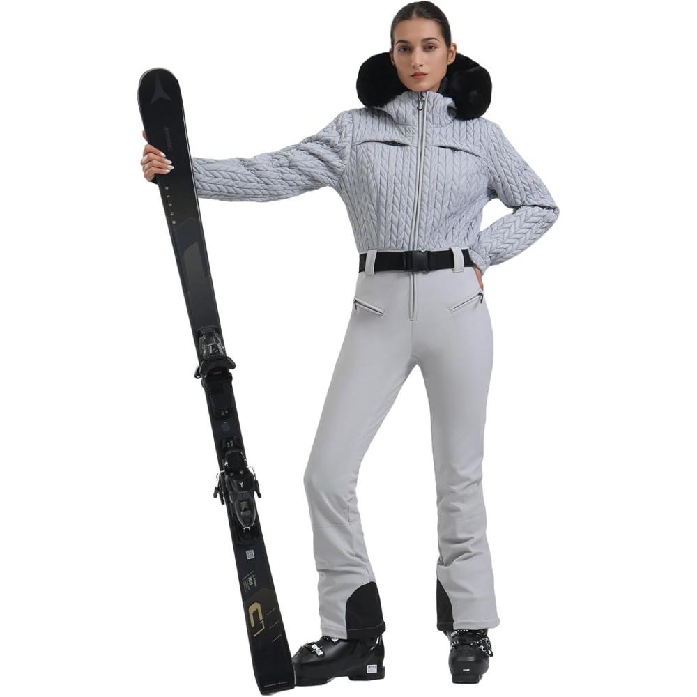 image:imageGSOU SNOW Womens Ski Suit One Piece Snowsuit Snowboard Jacket Slim Snow Jumpsuit Faux Fur Ski Outfit WaterproofGrey 1