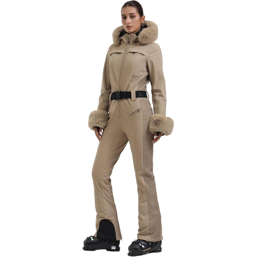 image:imageGSOU SNOW Womens Ski Suit One Piece Snowsuit Snowboard Jacket Slim Snow Jumpsuit Faux Fur Ski Outfit WaterproofKhaki