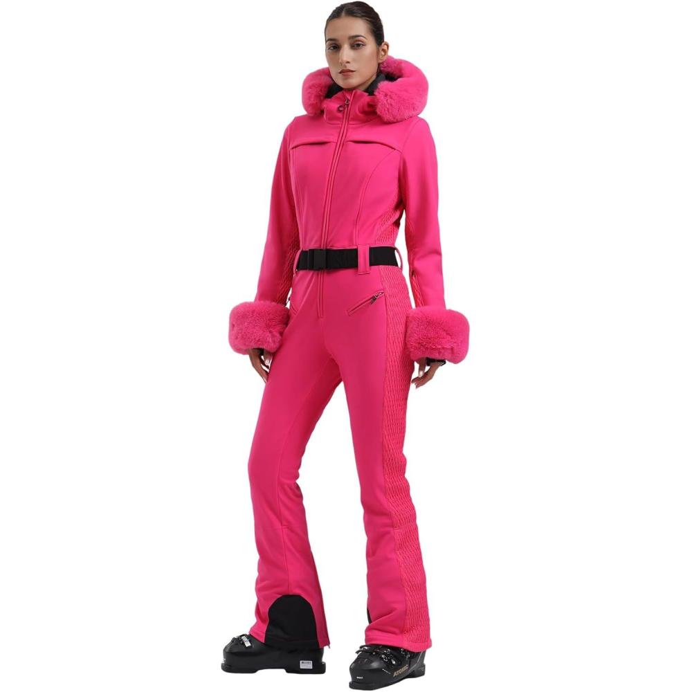 image:imageGSOU SNOW Womens Ski Suit One Piece Snowsuit Snowboard Jacket Slim Snow Jumpsuit Faux Fur Ski Outfit WaterproofRose Red