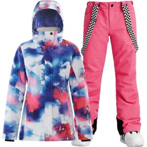 GSOU SNOW Women’s Ski Jackets and Pants Set Snowboarding Snowsuit Snow Coat Hooded Waterproof Windproof(Pink Multicolor)