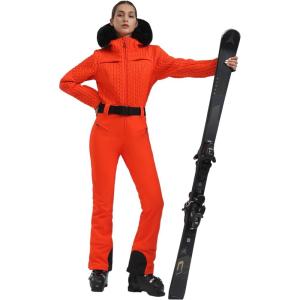 GSOU SNOW Womens Ski Suit One Piece Snowsuit Snowboard Jacket Slim Snow Jumpsuit Faux Fur Ski Outfit Waterproof(All Orange)