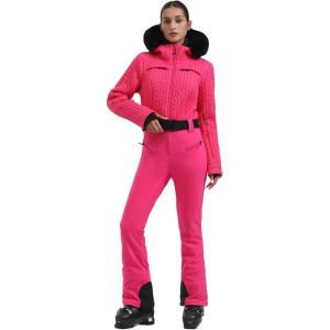 GSOU SNOW Womens Ski Suit One Piece Snowsuit Snowboard Jacket Slim Snow Jumpsuit Faux Fur Ski Outfit Waterproof(All Rose Red)