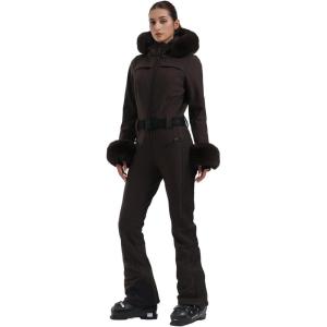 GSOU SNOW Womens Ski Suit One Piece Snowsuit Snowboard Jacket Slim Snow Jumpsuit Faux Fur Ski Outfit Waterproof(Brown)