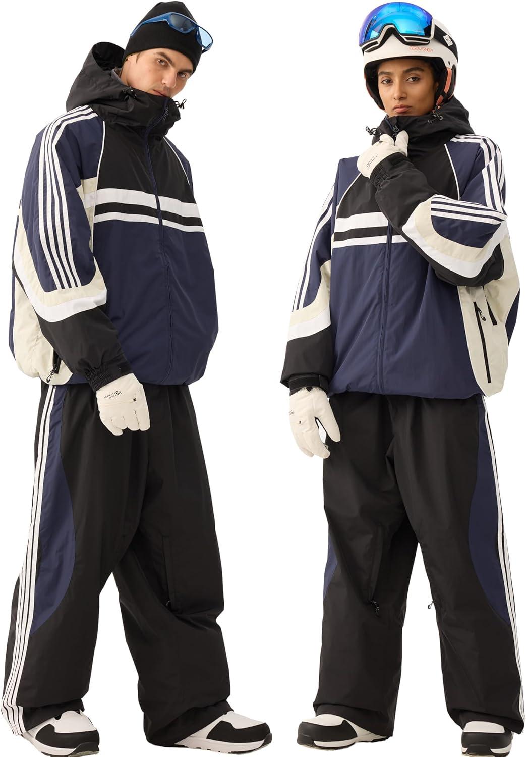 image:imageGSOU SNOW Women Mens Snow Pants Baggy Snowboard Pants Retro Sporty Side Stripe Ski Pants Insulated Waterproof Winter OutdoorBlack