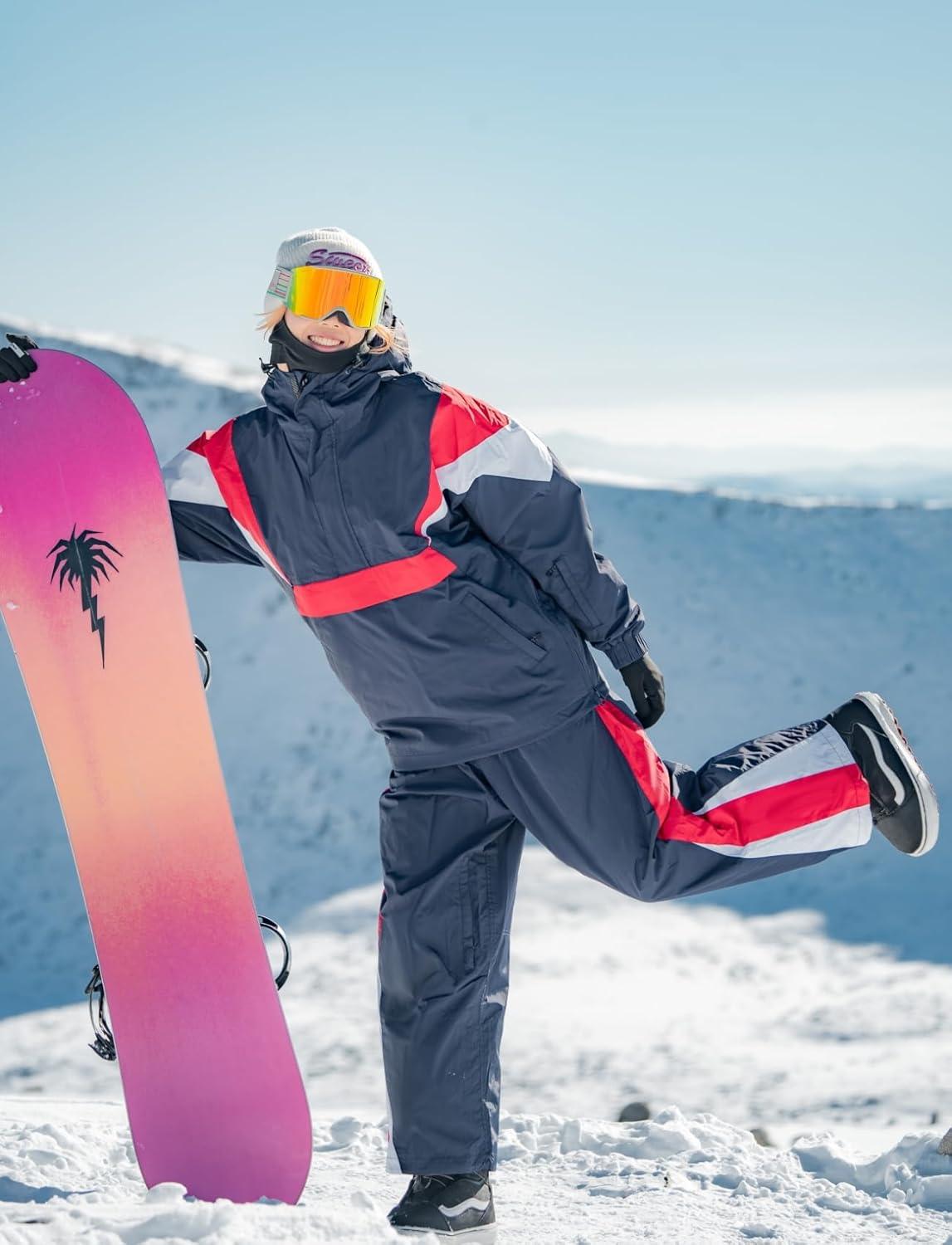 image:imageGSOU SNOW Women Mens Snow Pants Baggy Snowboard Pants Retro Sporty Side Stripe Ski Pants Insulated Waterproof Winter OutdoorDeep Coffee