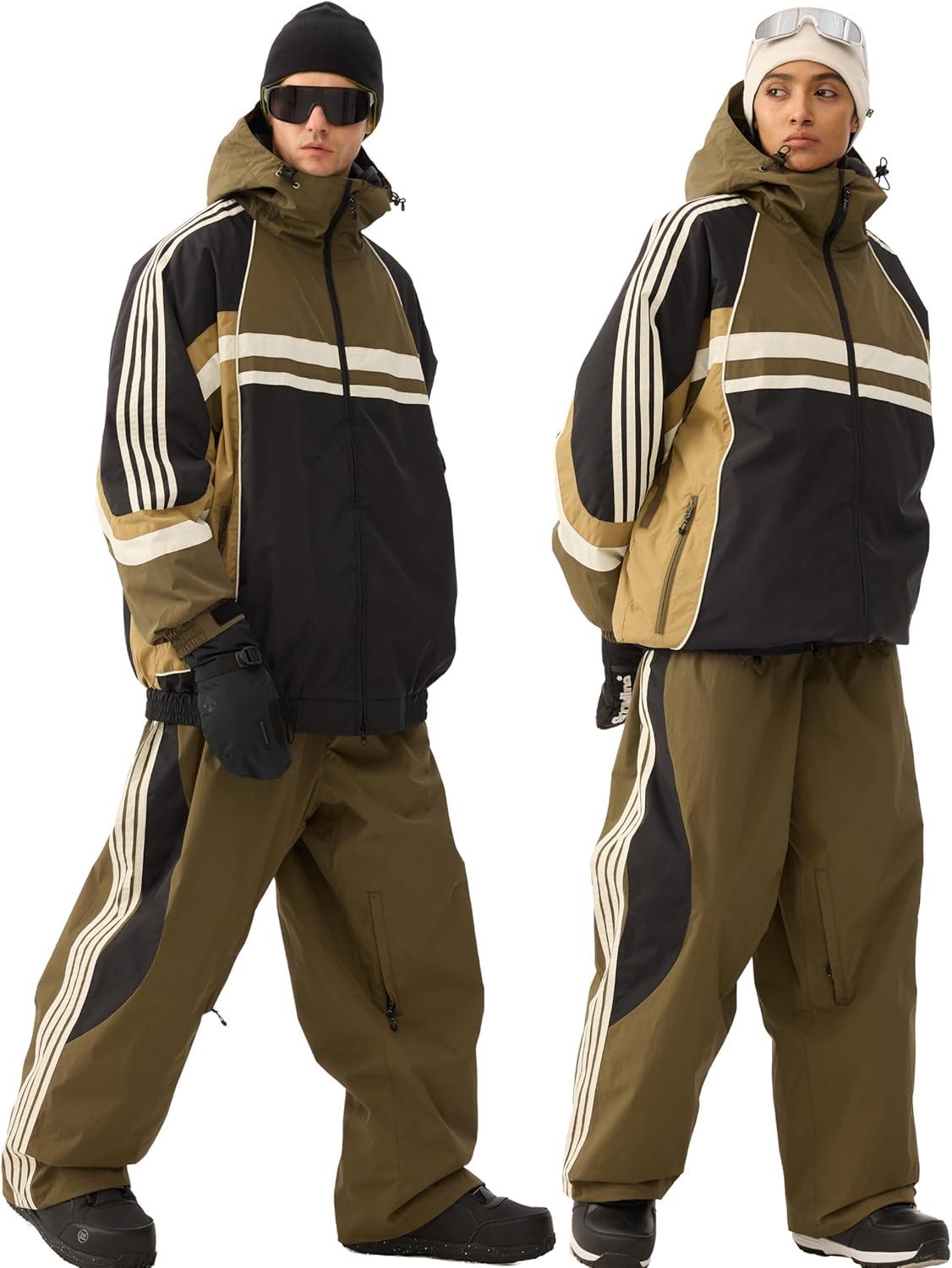 image:imageGSOU SNOW Women Mens Snow Pants Baggy Snowboard Pants Retro Sporty Side Stripe Ski Pants Insulated Waterproof Winter OutdoorOlive
