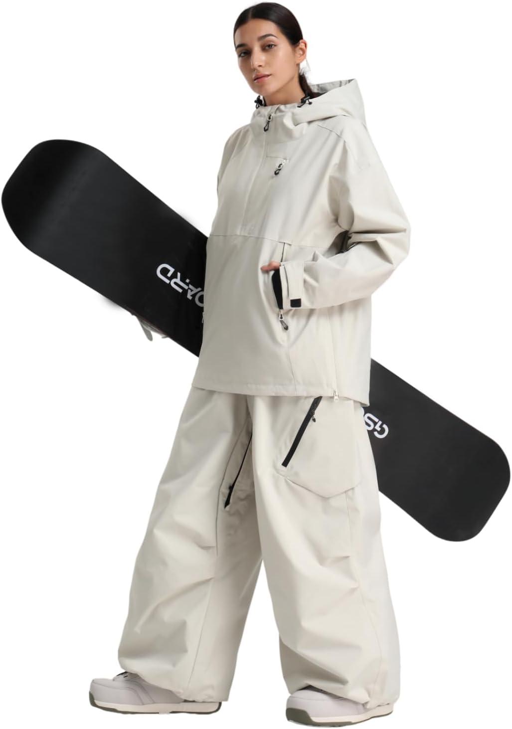 image:imageGSOU SNOW Womens Ski Jacket and Pants Set Baggy Snowboard Jacket Snow Suit Waterproof Windproof Hooded Coat XS