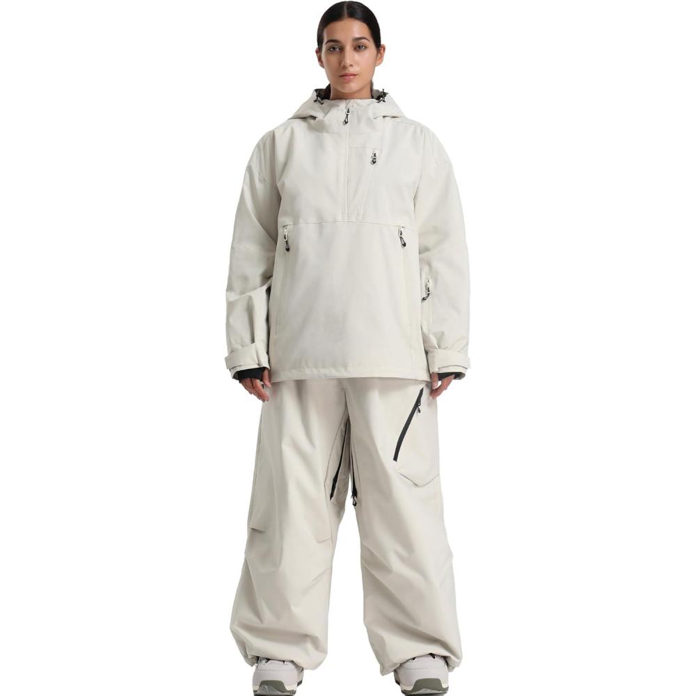 image:imageGSOU SNOW Womens Ski Jacket and Pants Set Baggy Snowboard Jacket Snow Suit Waterproof Windproof Hooded Coat XS