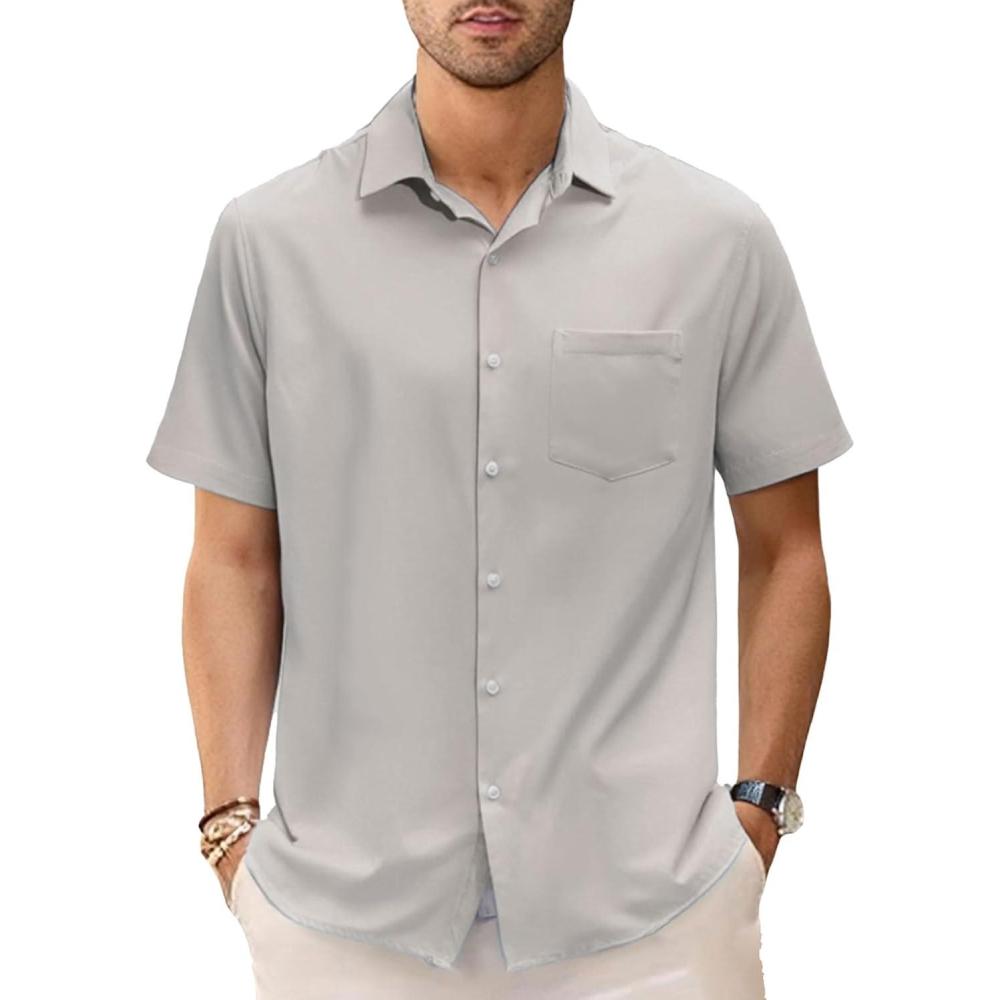 image:imageGSOU SNOW Mens Hawaiian Shirt Quick Dry Short Sleeve Tropiacl Floral Button Down Shirts for Beach Summer VacationBeige