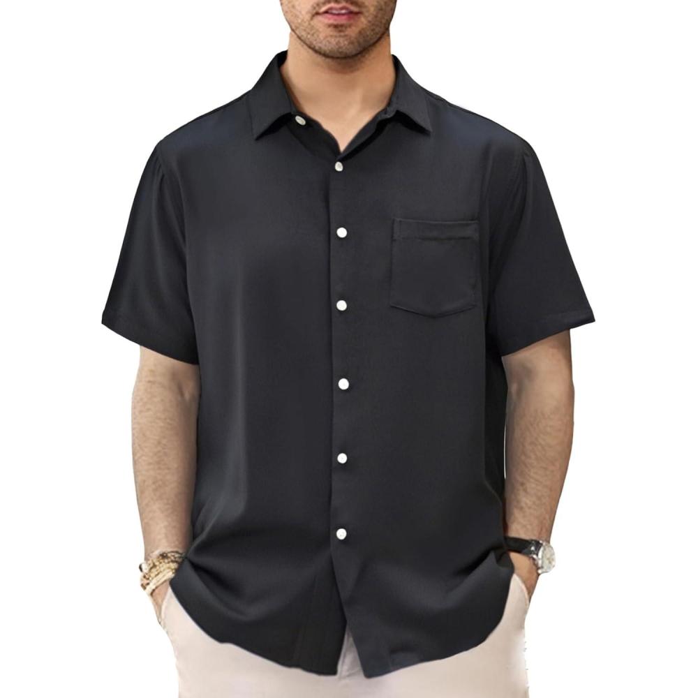 image:imageGSOU SNOW Mens Hawaiian Shirt Quick Dry Short Sleeve Tropiacl Floral Button Down Shirts for Beach Summer VacationBlack