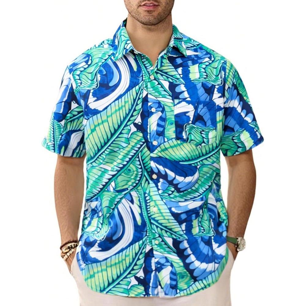 image:imageGSOU SNOW Mens Hawaiian Shirt Quick Dry Short Sleeve Tropiacl Floral Button Down Shirts for Beach Summer VacationGreen Leaf