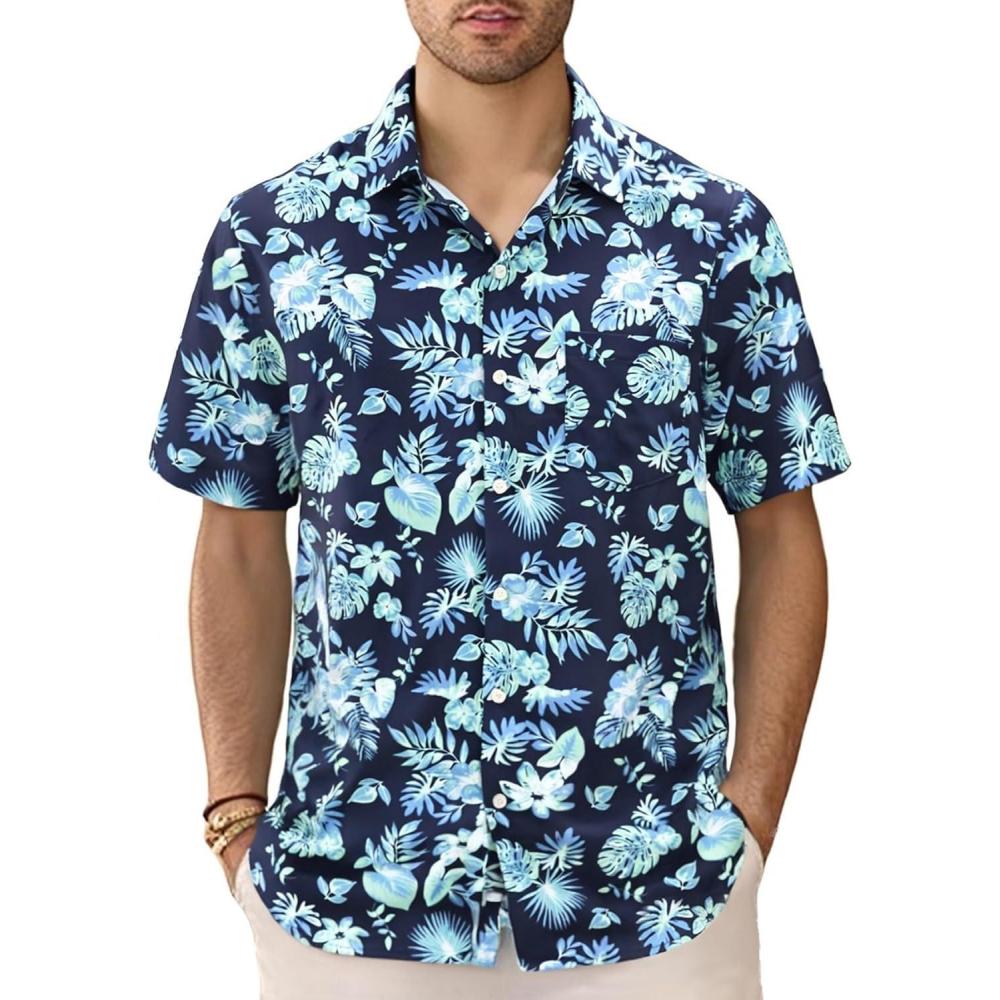 image:imageGSOU SNOW Mens Hawaiian Shirt Quick Dry Short Sleeve Tropiacl Floral Button Down Shirts for Beach Summer VacationNavy Blue Floal