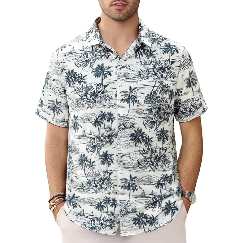 image:imageGSOU SNOW Mens Hawaiian Shirt Quick Dry Short Sleeve Tropiacl Floral Button Down Shirts for Beach Summer VacationWhite Palm Tree