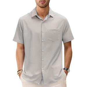 GSOU SNOW Mens Hawaiian Shirt Quick Dry Short Sleeve Tropiacl Floral Button Down Shirts for Beach Summer Vacation(Beige)