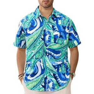 GSOU SNOW Mens Hawaiian Shirt Quick Dry Short Sleeve Tropiacl Floral Button Down Shirts for Beach Summer Vacation(Green Leaf)