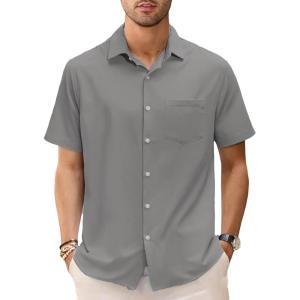 GSOU SNOW Mens Hawaiian Shirt Quick Dry Short Sleeve Tropiacl Floral Button Down Shirts for Beach Summer Vacation(Grey)