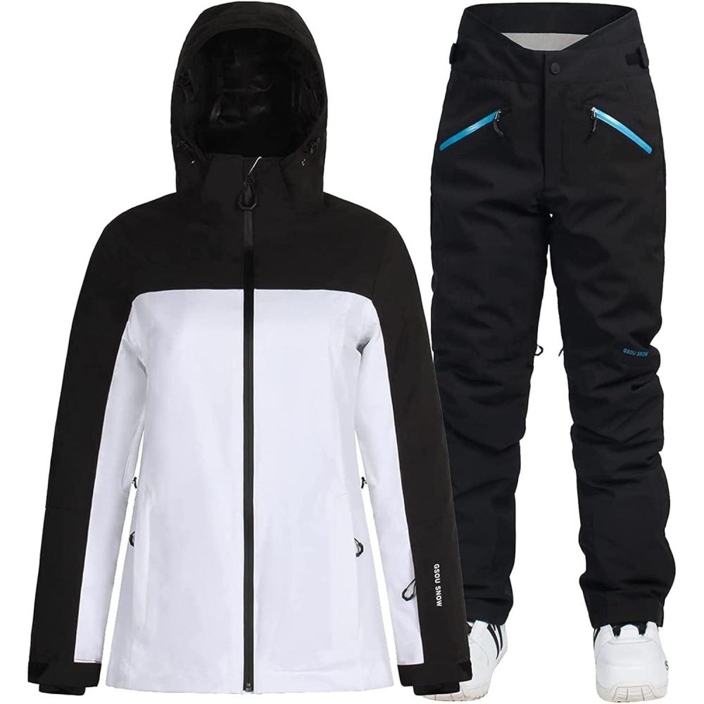 image:imageGSOU SNOW Womens Ski Jacket and Pants Waterproof Windproof Snowsuit Snowboarding Coat Insulated Warm WinterWhite 1