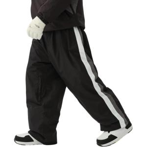 GSOU SNOW Women Mens Snow Pants Baggy Snowboard Pants Retro Sporty Side Stripe Ski Pants Insulated Waterproof Winter Outdoor(Black-2)